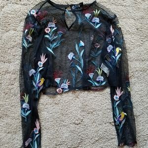 Sheer black crop top with flower embroidery
